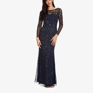ADRIANNA PAPELL BEADED DRESS WITH SHEER LONG SLEEVES IN MIDNIGHT